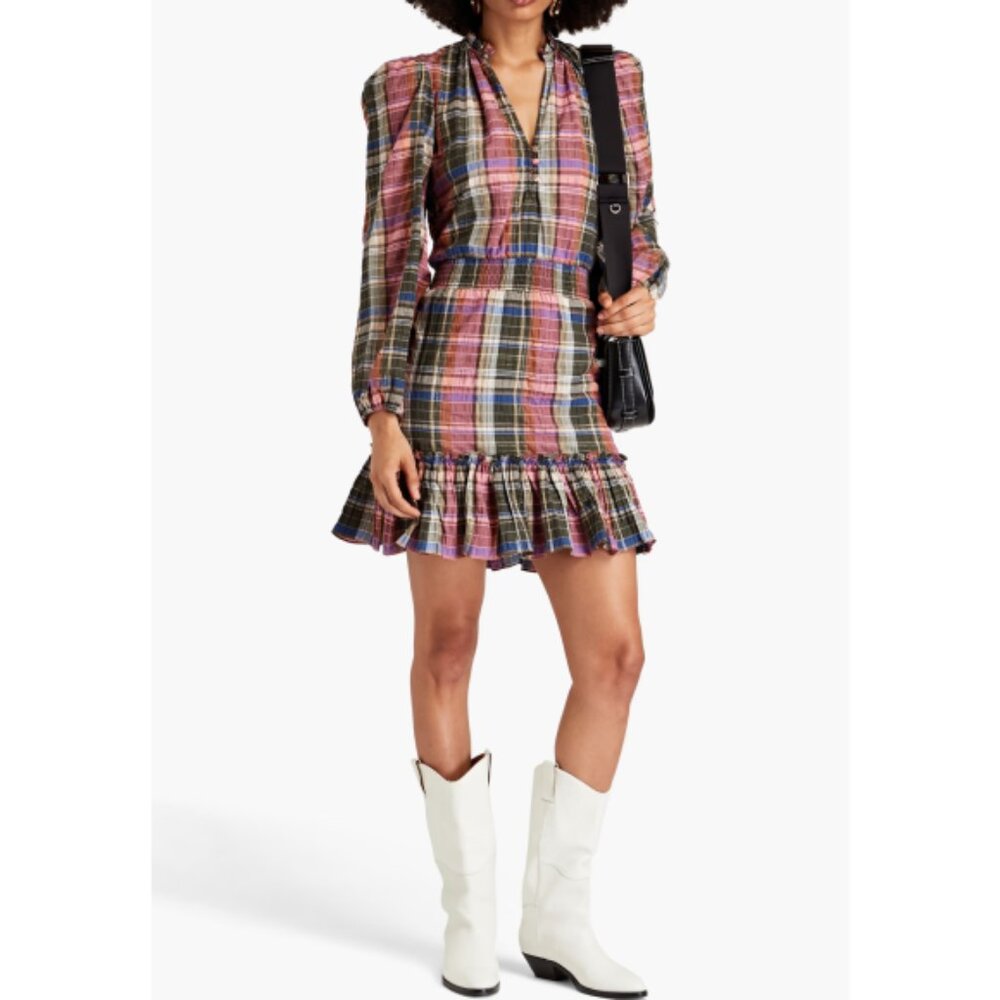 Veronica Beard 'Destiny' Plaid-Print Ruffle-Trim Mini-Dress, Olive/Pink Multi